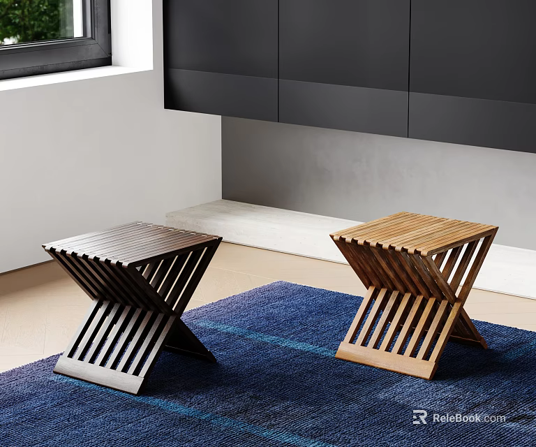 Two Wooden Stools In Different Colors With Crossed Structure And Striped Panels On Blue Rug 3d model 