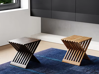 Two Wooden Stools In Different Colors With Crossed Structure And Striped Panels On Blue Rug 3d model