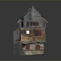 Traditional Two Story Cottage With Thatched Roof Wooden Balcony And Staircase