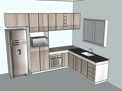 Modern Kitchen Interior With Light Wood Cabinets Refrigerator Microwave Oven And Sink 3d model
