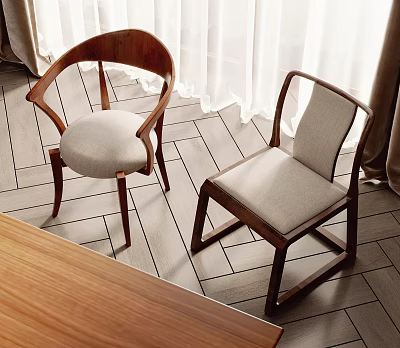 Modern Leisure Chairs With Wooden Frame Light Cushions On Herringbone Wooden Floor 3d model