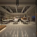 Public Office Space Interior With Race Car Display Wooden Walls Concrete Elements And Hanging Lights