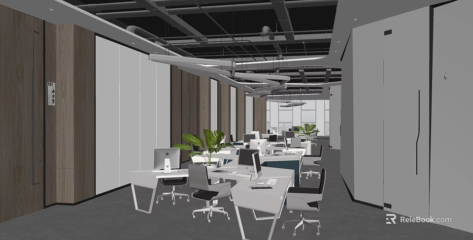 Modern Public Office Space With Workstations Computers Chairs And Indoor Plants 3d model