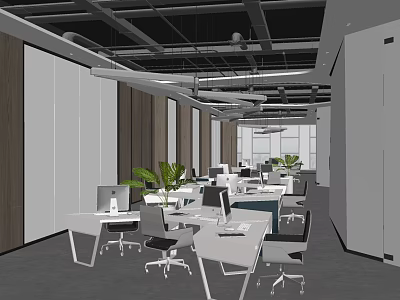 Modern Public Office Space With Workstations Computers Chairs And Indoor Plants 3d model