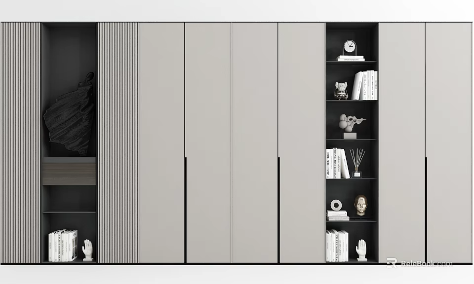 Modern Gray Black Display Cabinet With Striped Panels Doors Open Shelves And Decorative Items 3d model 