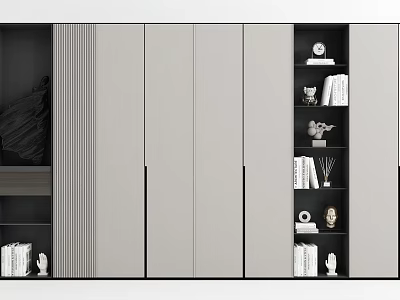 Modern Gray Black Display Cabinet With Striped Panels Doors Open Shelves And Decorative Items 3d model