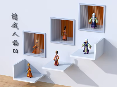 Game and Movie Character Figures Displayed On White Layered Shelves With Traditional Costumes 3d model