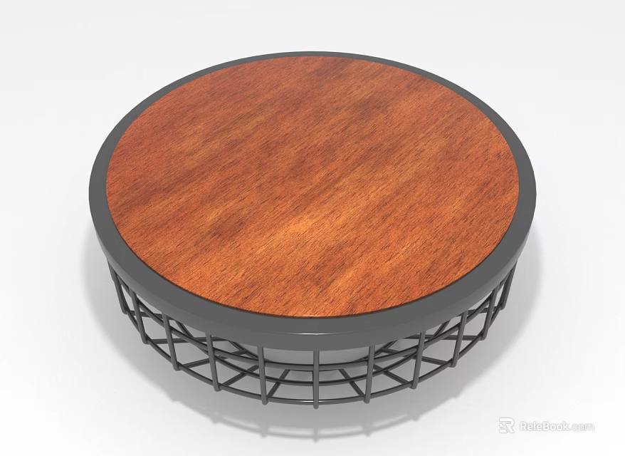 Modern Round Coffee Table With Wooden Top And Black Metal Mesh Base 3d model 