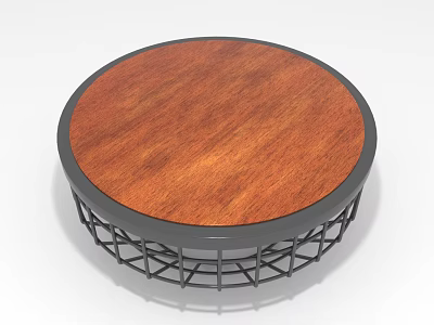 Modern Round Coffee Table With Wooden Top And Black Metal Mesh Base 3d model