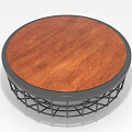 Modern Round Coffee Table With Wooden Top And Black Metal Mesh Base