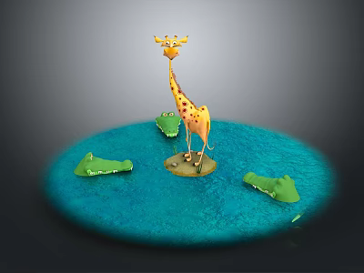 Decorative Giraffe Figurine With Crocodile Models On Blue Base Home Decor 3d model