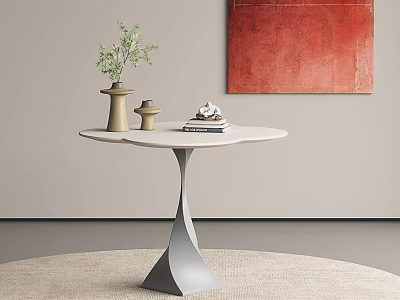 Modern Round White Dining Table With Vase Green Plant Books And Red Wall Painting 3d model