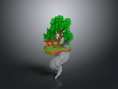 Enchanting Pixel Style Floating Island Landscape With Green Trees Small House And Cloud Spiral Base 3d model