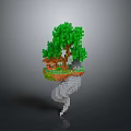 Enchanting Pixel Style Floating Island Landscape With Green Trees Small House And Cloud Spiral Base