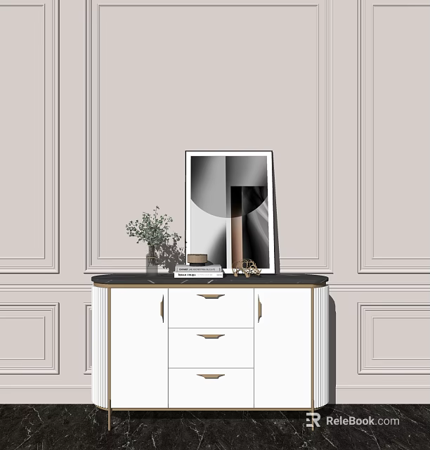 Stylish Entryway Console Table White Cabinet With Drawers And Decorative Items On Paneled Wall 3d model 