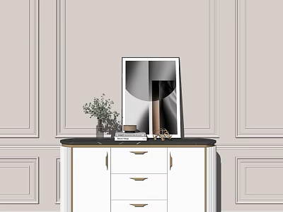 Stylish Entryway Console Table White Cabinet With Drawers And Decorative Items On Paneled Wall 3d model