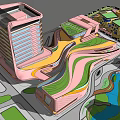 Modern Office Building With Curved Design Green Landscape And Colorful Pathways