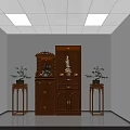 Religious Faith Worship Area Featuring Wooden Cabinet Buddha Statue And Potted Plants