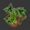 Lush Green Plants Surrounding Bamboo Structure With Hanging Lantern And Wooden Barrels