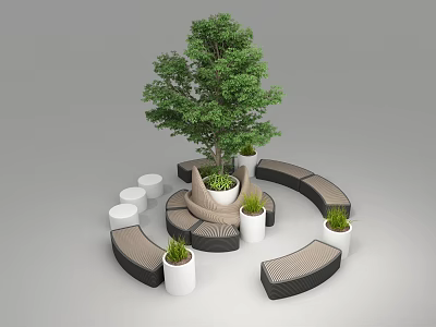 Outdoor Curved Public Chairs Design With Central Tree And Potted Plants 3d model