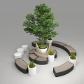 Outdoor Curved Public Chairs Design With Central Tree And Potted Plants