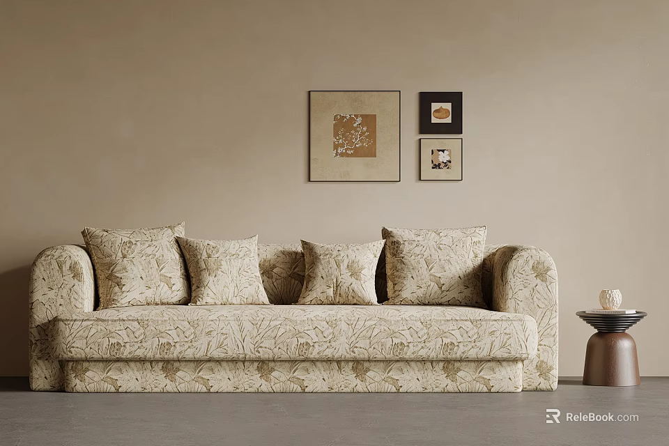 Elegant Beige Floral Fabric Upholstered Spacious Multi Person Sofa For Cozy Warm Living Room Decor 3d model 