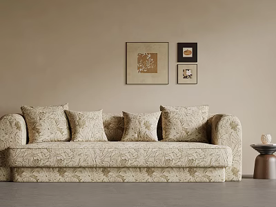 Elegant Beige Floral Fabric Upholstered Spacious Multi Person Sofa For Cozy Warm Living Room Decor 3d model