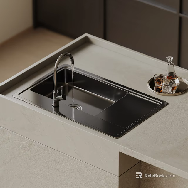 Black Kitchen Sink With Silver Faucet And Flowing Water On Light Colored Countertop 3d model 