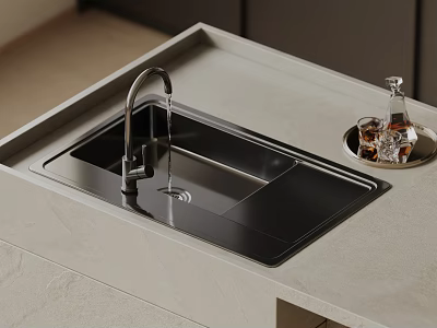 Black Kitchen Sink With Silver Faucet And Flowing Water On Light Colored Countertop 3d model