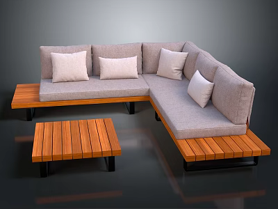 Modern Minimalist L Shaped Sofa With Wooden Coffee Table Footrest And Light Colored Cushions 3d model