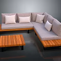 Modern Minimalist L Shaped Sofa With Wooden Coffee Table Footrest And Light Colored Cushions