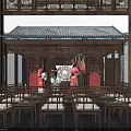 Traditional Chinese Opera Stage With Classic Architectural Elements And Performers In Costumes