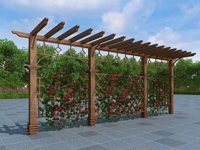 Wooden Pergola with Climbing Red Flowers and Green Plants Under Blue Sky 3d model