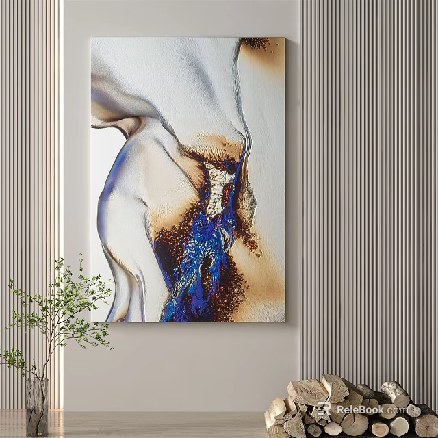 Abstract Painting With Blue Brown White Hues For Modern Interior Wall Decor With Green Plant 3d model 
