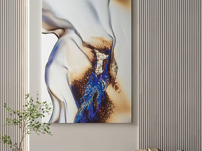 Abstract Painting With Blue Brown White Hues For Modern Interior Wall Decor With Green Plant 3d model