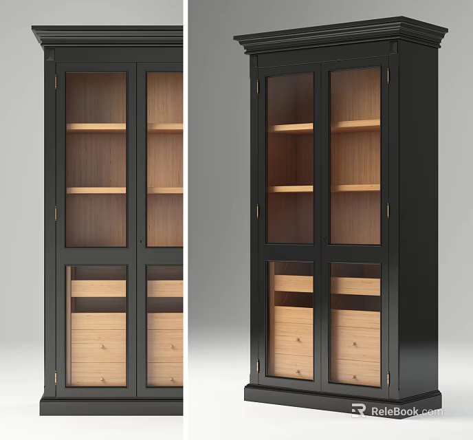 Elegant Black Bookcase With Glass Display Doors And Wooden Storage Drawers 3d model 