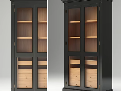 Elegant Black Bookcase With Glass Display Doors And Wooden Storage Drawers 3d model