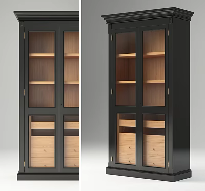 Elegant Black Bookcase With Glass Display Doors And Wooden Storage Drawers 3d model