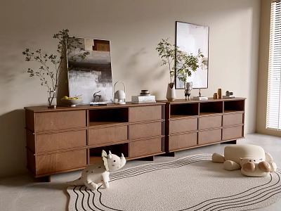 Modern Entryway Cabinet And Side Cabinet With Wooden Finish Decorative Plants And Wall Mirror 3d model