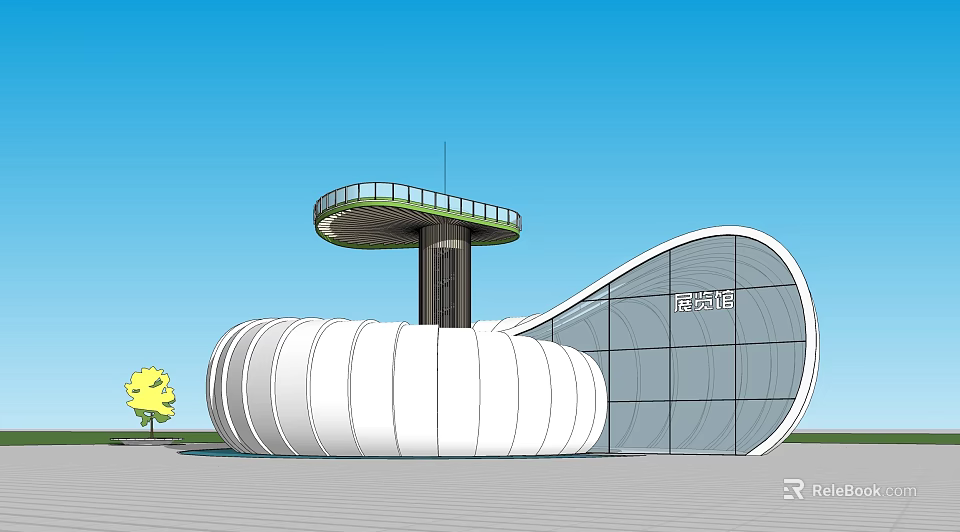 Modern Cultural Center With White Curved Structure Glass Curtain Wall And Top Platform 3d model 