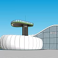 Modern Cultural Center With White Curved Structure Glass Curtain Wall And Top Platform