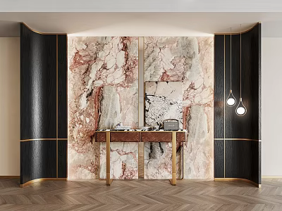 Modern Console Cabinet and Side Cabinet with Marble Wall Gold Accents and Wooden Floor 3d model