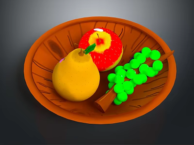 Fresh Assorted Fruits on a Wooden Plate with Yellow Pear Red Apple and Green Grapes 3d model