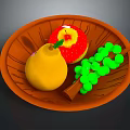 Fresh Assorted Fruits on a Wooden Plate with Yellow Pear Red Apple and Green Grapes