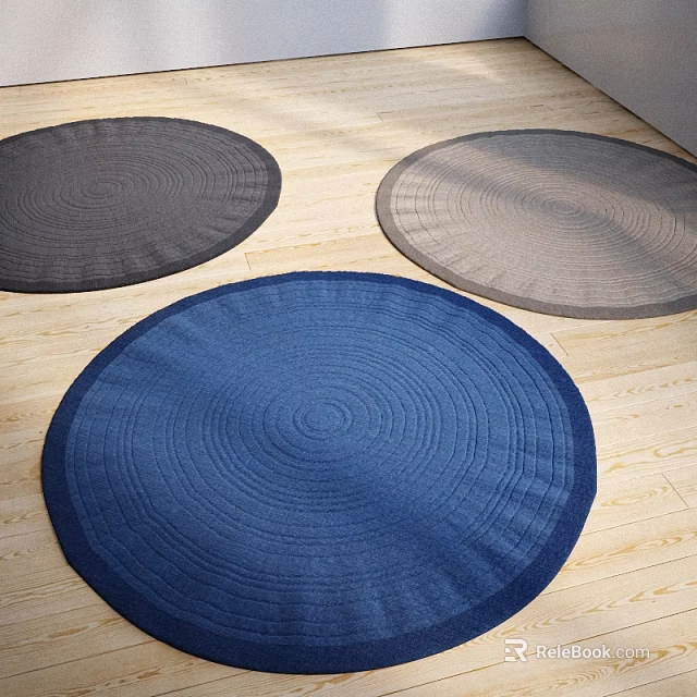 Woven Round Rugs in Dark Gray Light Gray and Blue on Wooden Floor 3d model 