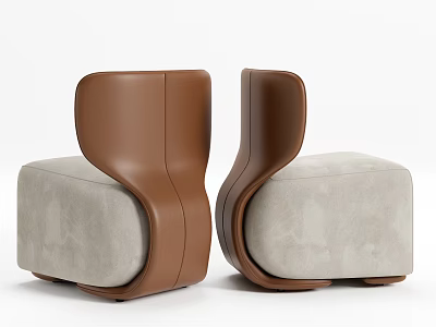 Modern Leisure Chair With Curved Backrest Comfortable Seat Brown Leather And Beige Fabric Upholstery 3d model
