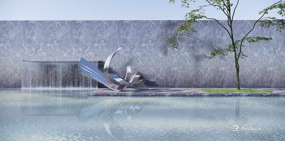 Modern Metallic Sculpture By Stone Wall With Waterfall Pool Reflection And Tree 3d model 