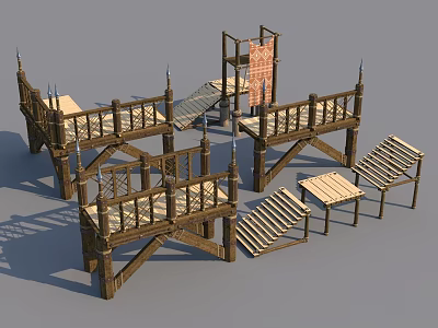 Wooden Construction Elements For Game Scenes Including Platforms Railings And Staircases 3d model