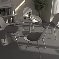 White Round Table with Four Grey Chairs by Window with Bookshelf and Green Plant