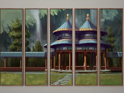 Four Panel Landscape Painting Featuring Traditional Pavilion Waterfall Trees And Stone Path 3d model